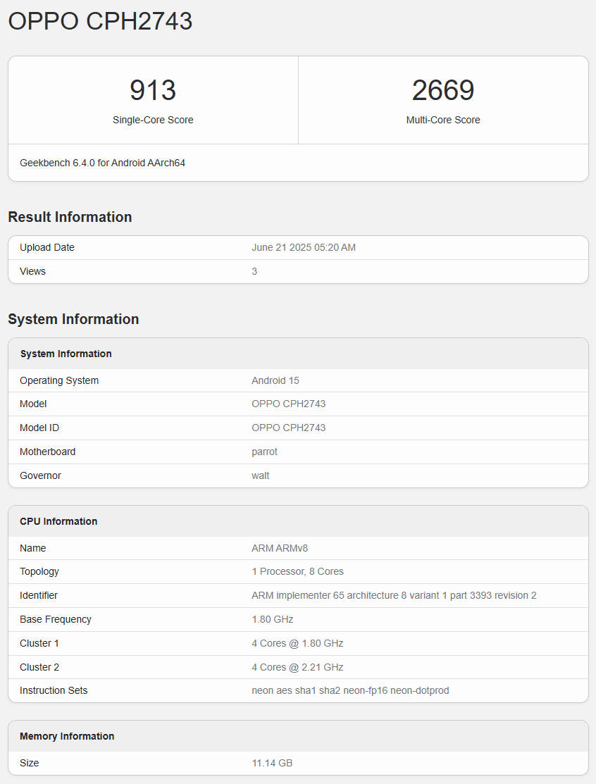 Oppo Reno 14F 5G Geekbench